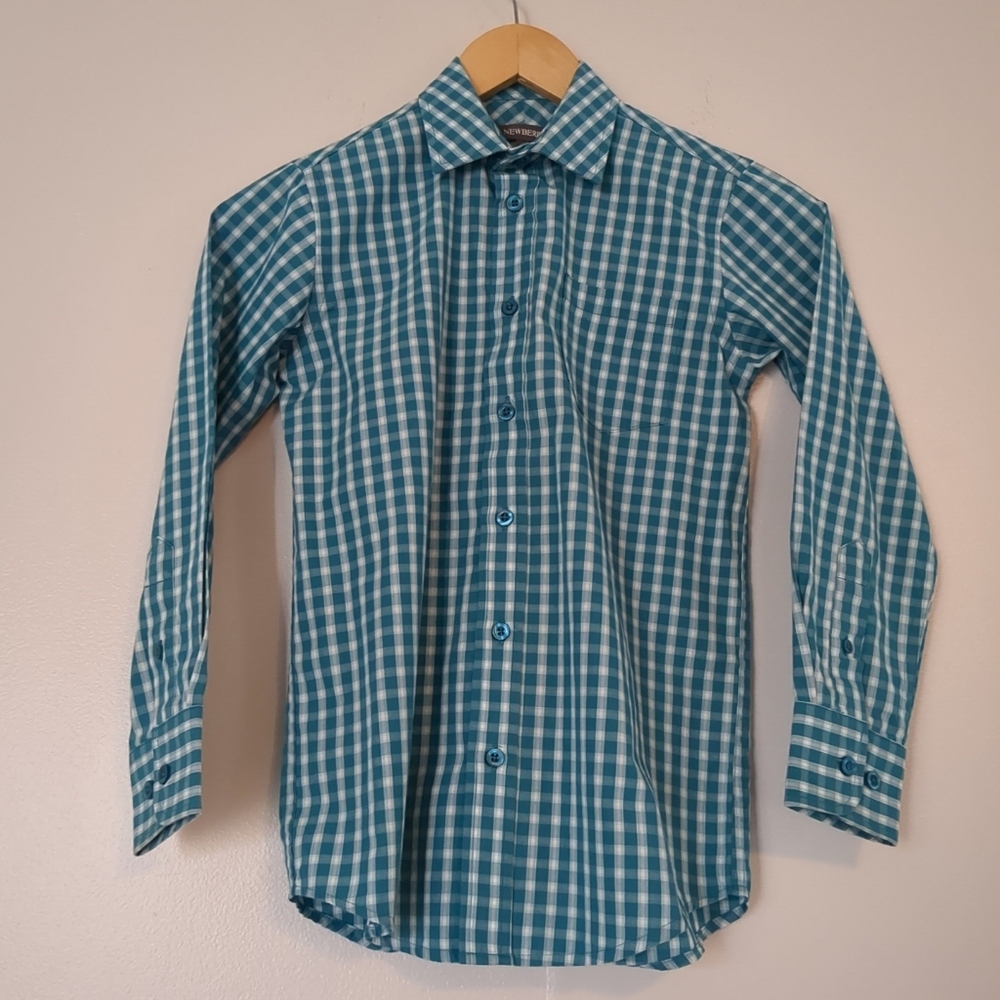 Newberry Shirt Youth Size 10 Blue Checkered Button Up School Formal Church